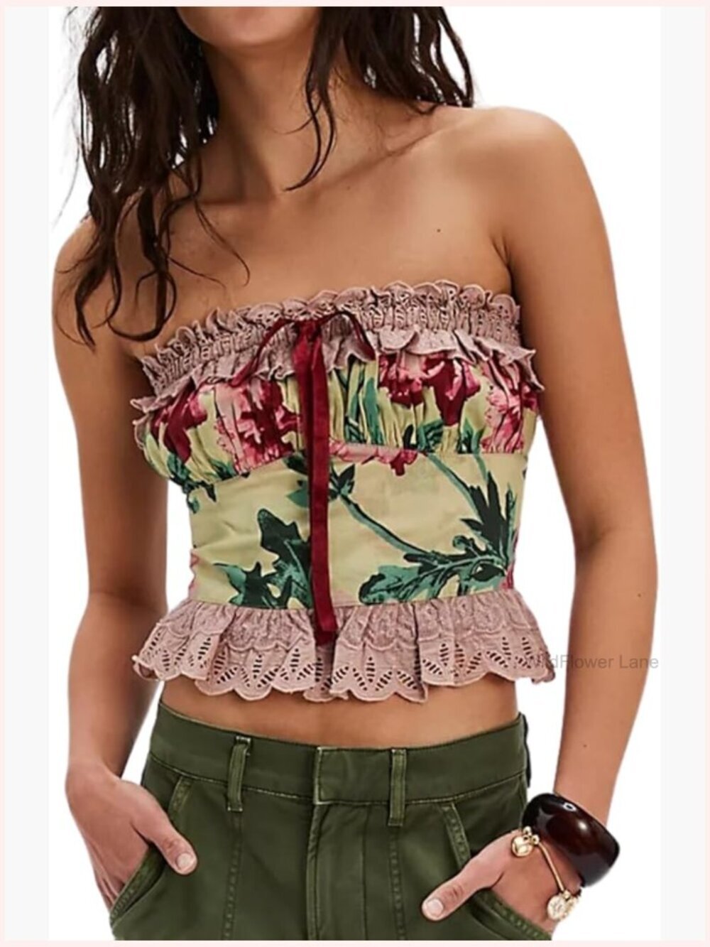 Strapless Lace Trim Floral Print Tube Top Y2k Coquette Fitted Bowknot Ruffle